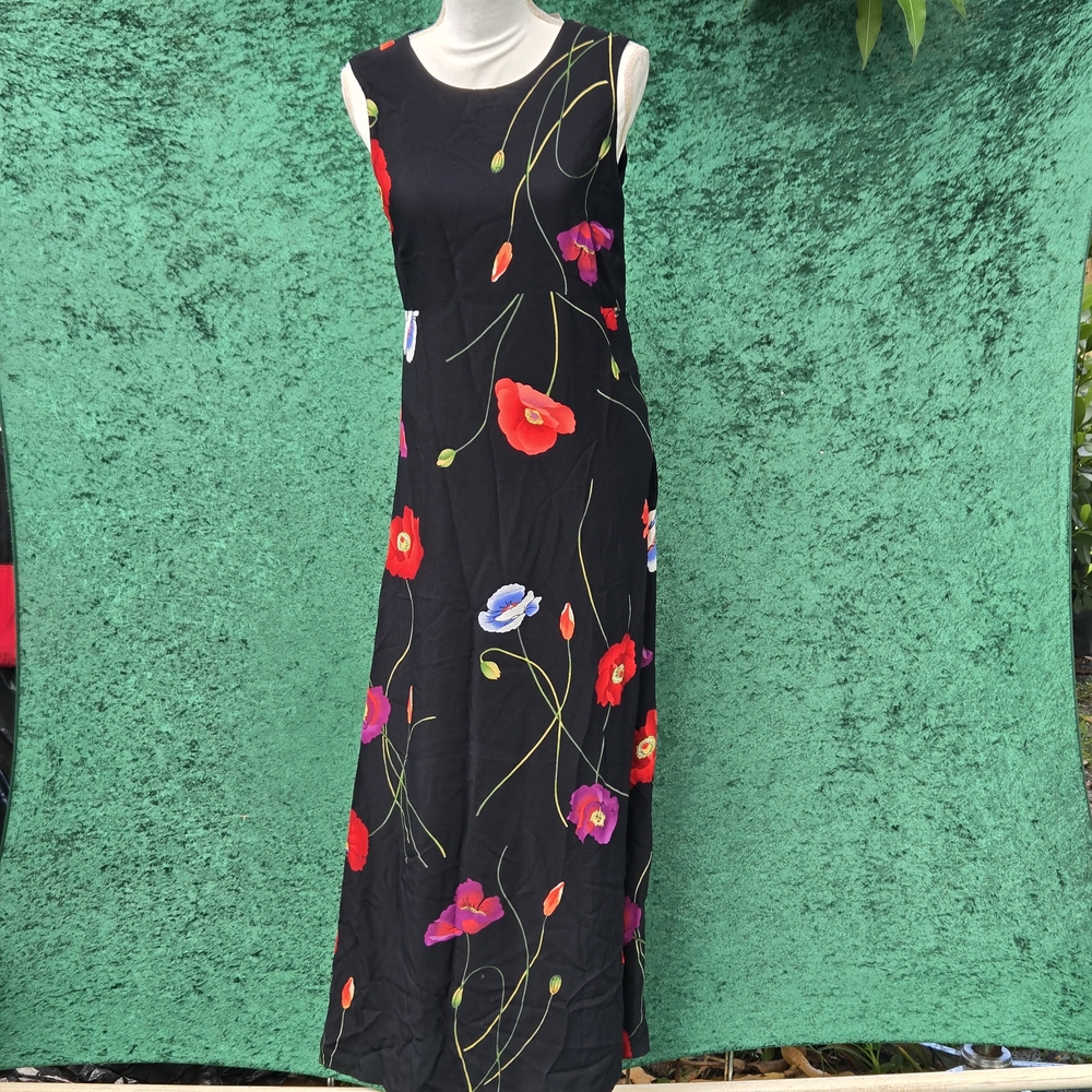 Coldwater Creek Black Maxi Dress with Red and Purple Floral Accents 293